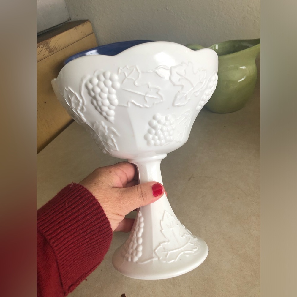 Vintage Milk Glass Grape Pedestal Bowl Compote White Scalloped Dish
